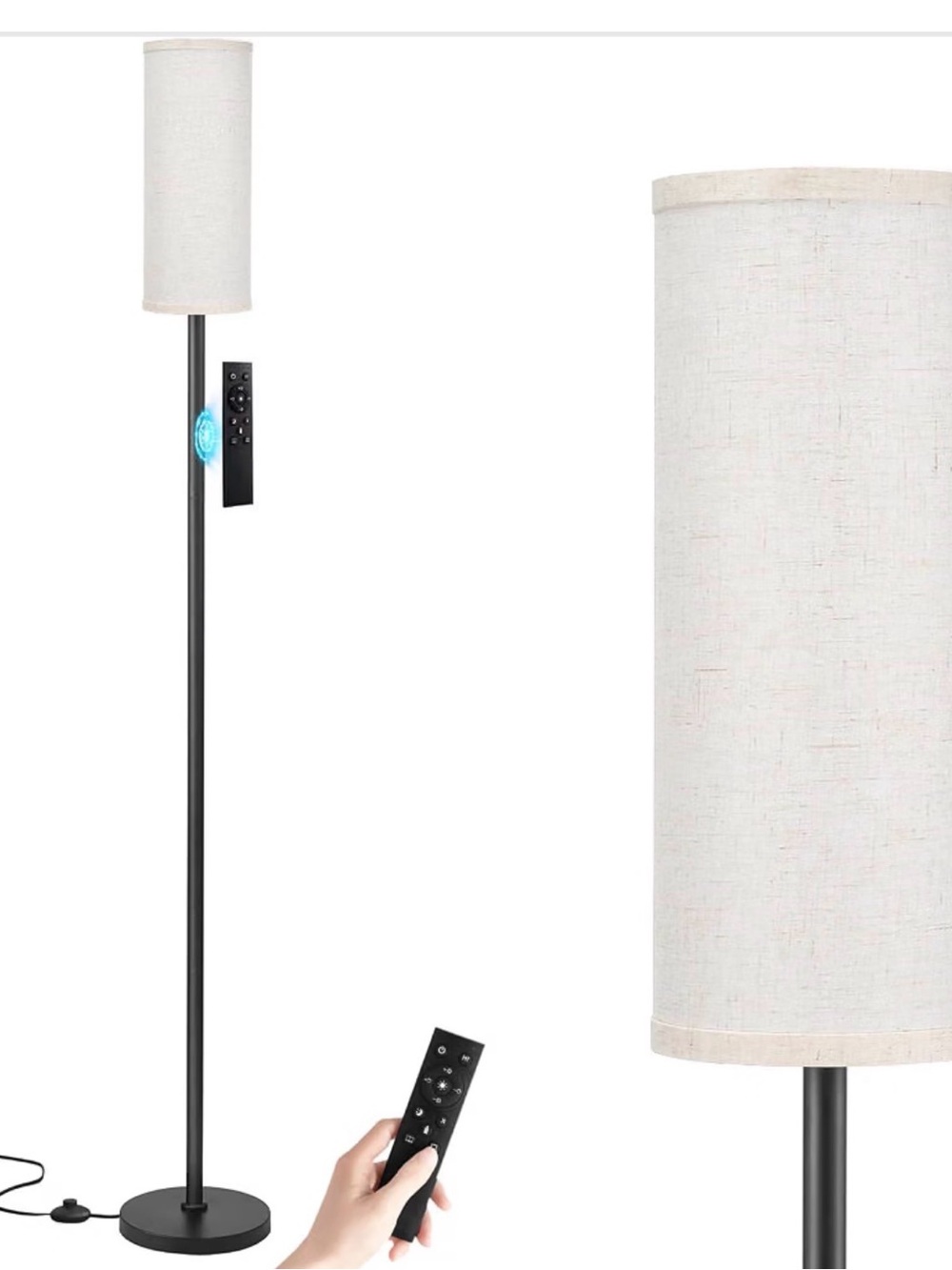 Modern Black Floor Lamp with White Linen Shade and Remote